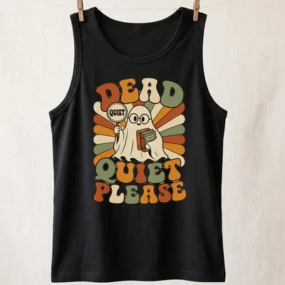 Retro ghost librarian t-shirt with the phrase 'DEAD QUIET PLEASE' in bold letters. — printed on a tank top