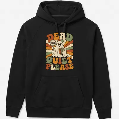 Retro ghost librarian t-shirt with the phrase 'DEAD QUIET PLEASE' in bold letters. — printed on a unisex hoodie