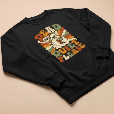 Retro ghost librarian t-shirt with the phrase 'DEAD QUIET PLEASE' in bold letters. — printed on a unisex sweatshirt