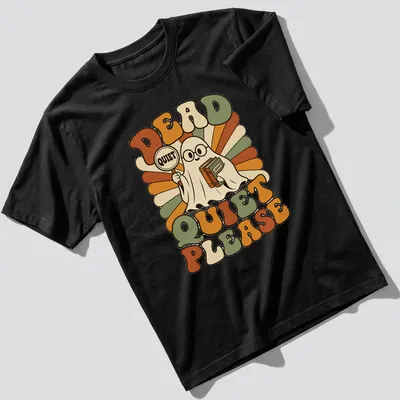 Retro ghost librarian t-shirt with the phrase 'DEAD QUIET PLEASE' in bold letters.