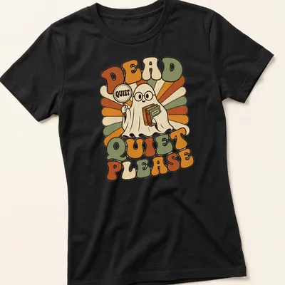 Retro ghost librarian t-shirt with the phrase 'DEAD QUIET PLEASE' in bold letters. — printed on a women's shirt