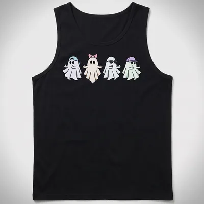 Kawaii style shirt with five cute ghosts in pastel colors and playful expressions — printed on a tank top