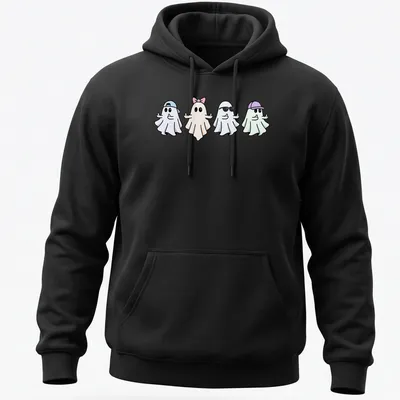 Kawaii style shirt with five cute ghosts in pastel colors and playful expressions — printed on a unisex hoodie
