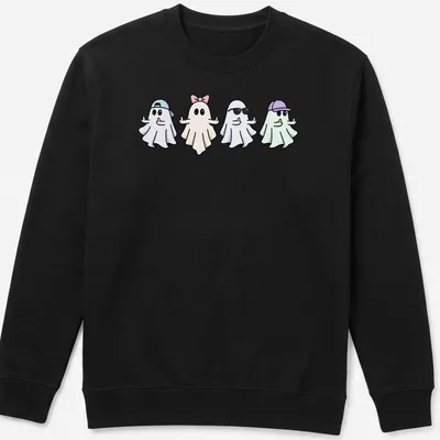Kawaii style shirt with five cute ghosts in pastel colors and playful expressions — printed on a unisex sweatshirt