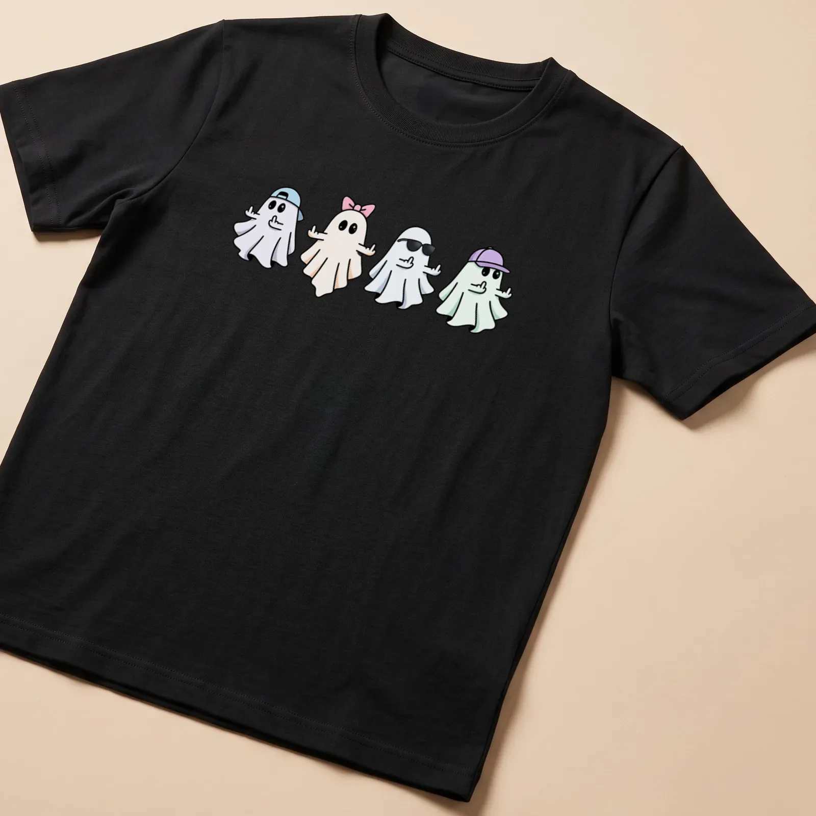 Kawaii style shirt with five cute ghosts in pastel colors and playful expressions — printed on a unisex t-shirt