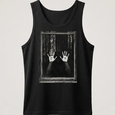 Illustration of ghostly hands emerging from a dark background in monochrome. — printed on a tank top