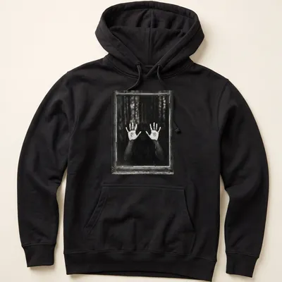 Illustration of ghostly hands emerging from a dark background in monochrome. — printed on a unisex hoodie