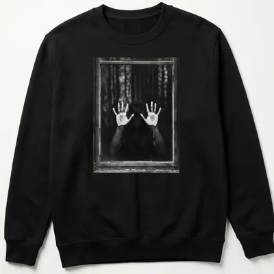 Illustration of ghostly hands emerging from a dark background in monochrome. — printed on a unisex sweatshirt
