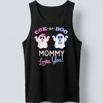 Cute kawaii ghosts with the text 'eek-or-BOO MOMMY Loves You!' in pink and blue — printed on a tank top
