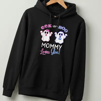 Cute kawaii ghosts with the text 'eek-or-BOO MOMMY Loves You!' in pink and blue — printed on a unisex hoodie