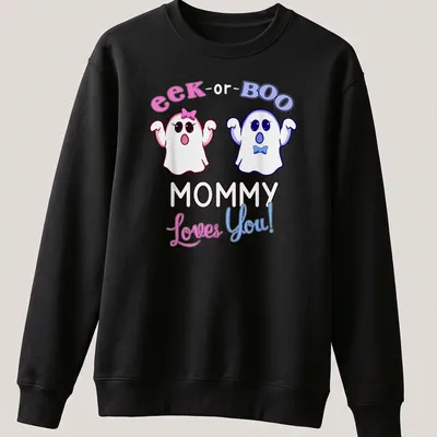 Cute kawaii ghosts with the text 'eek-or-BOO MOMMY Loves You!' in pink and blue — printed on a unisex sweatshirt