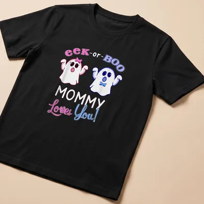 Cute kawaii ghosts with the text 'eek-or-BOO MOMMY Loves You!' in pink and blue