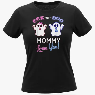 Cute kawaii ghosts with the text 'eek-or-BOO MOMMY Loves You!' in pink and blue — printed on a women's shirt