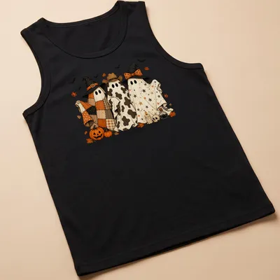 Whimsical ghosts in cowboy and witch hats in orange and black for Halloween — printed on a tank top