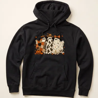 Whimsical ghosts in cowboy and witch hats in orange and black for Halloween — printed on a unisex hoodie