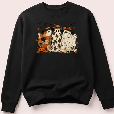 Whimsical ghosts in cowboy and witch hats in orange and black for Halloween — printed on a unisex sweatshirt