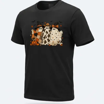 Whimsical ghosts in cowboy and witch hats in orange and black for Halloween