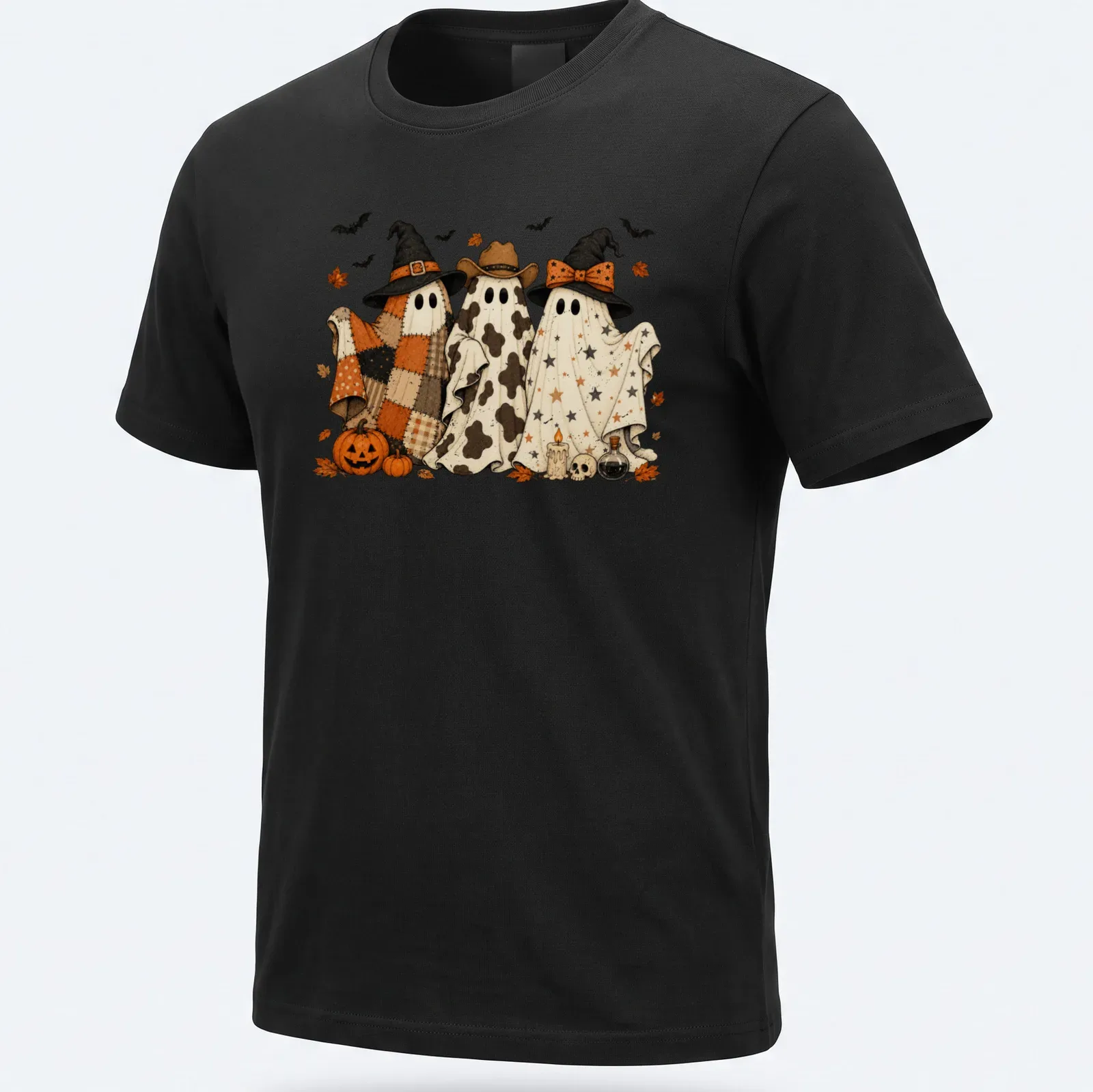 Whimsical ghosts in cowboy and witch hats in orange and black for Halloween — printed on a unisex t-shirt