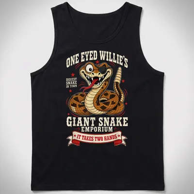 Cartoon-style t-shirt featuring a giant snake and playful text about a snake emporium. — printed on a tank top