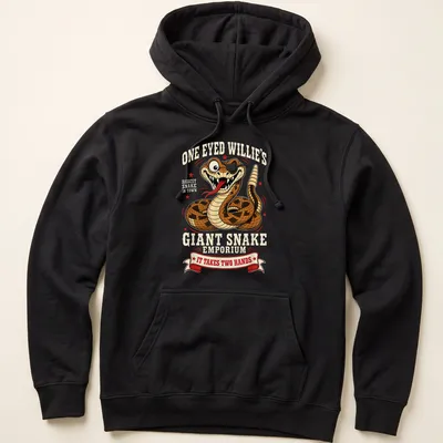 Cartoon-style t-shirt featuring a giant snake and playful text about a snake emporium. — printed on a unisex hoodie