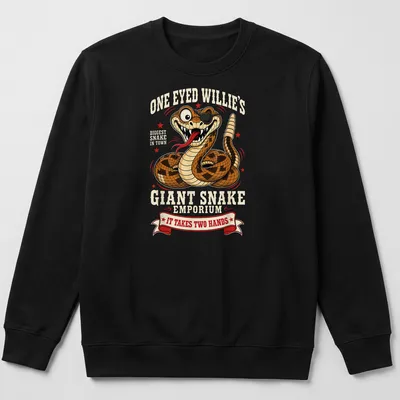 Cartoon-style t-shirt featuring a giant snake and playful text about a snake emporium. — printed on a unisex sweatshirt