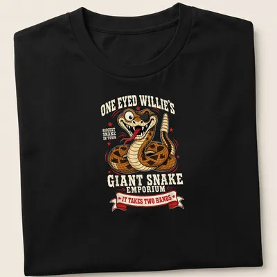 Cartoon-style t-shirt featuring a giant snake and playful text about a snake emporium.