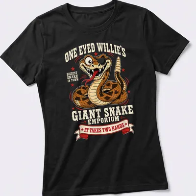 Cartoon-style t-shirt featuring a giant snake and playful text about a snake emporium. — printed on a women's shirt
