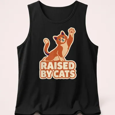 Cartoon ginger cat giving a high five with the text 'Raised By Cats' in bright colors — printed on a tank top