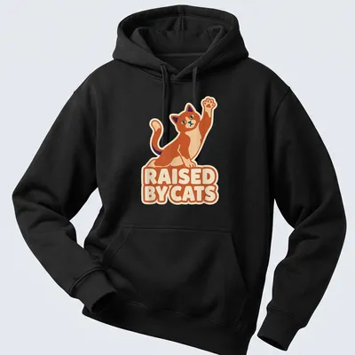 Cartoon ginger cat giving a high five with the text 'Raised By Cats' in bright colors — printed on a unisex hoodie