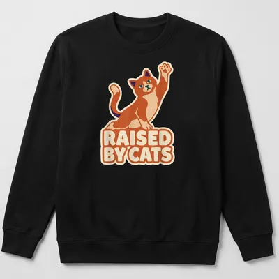 Cartoon ginger cat giving a high five with the text 'Raised By Cats' in bright colors — printed on a unisex sweatshirt