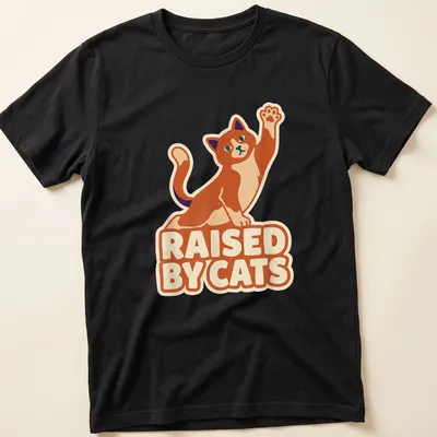 Cartoon ginger cat giving a high five with the text 'Raised By Cats' in bright colors