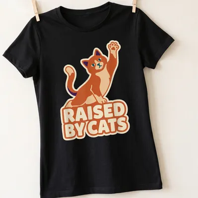Cartoon ginger cat giving a high five with the text 'Raised By Cats' in bright colors — printed on a women's shirt