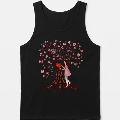 Whimsical illustration of a girl by a tree with a printed phrase about love. — printed on a tank top