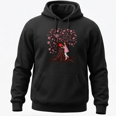 Whimsical illustration of a girl by a tree with a printed phrase about love. — printed on a unisex hoodie