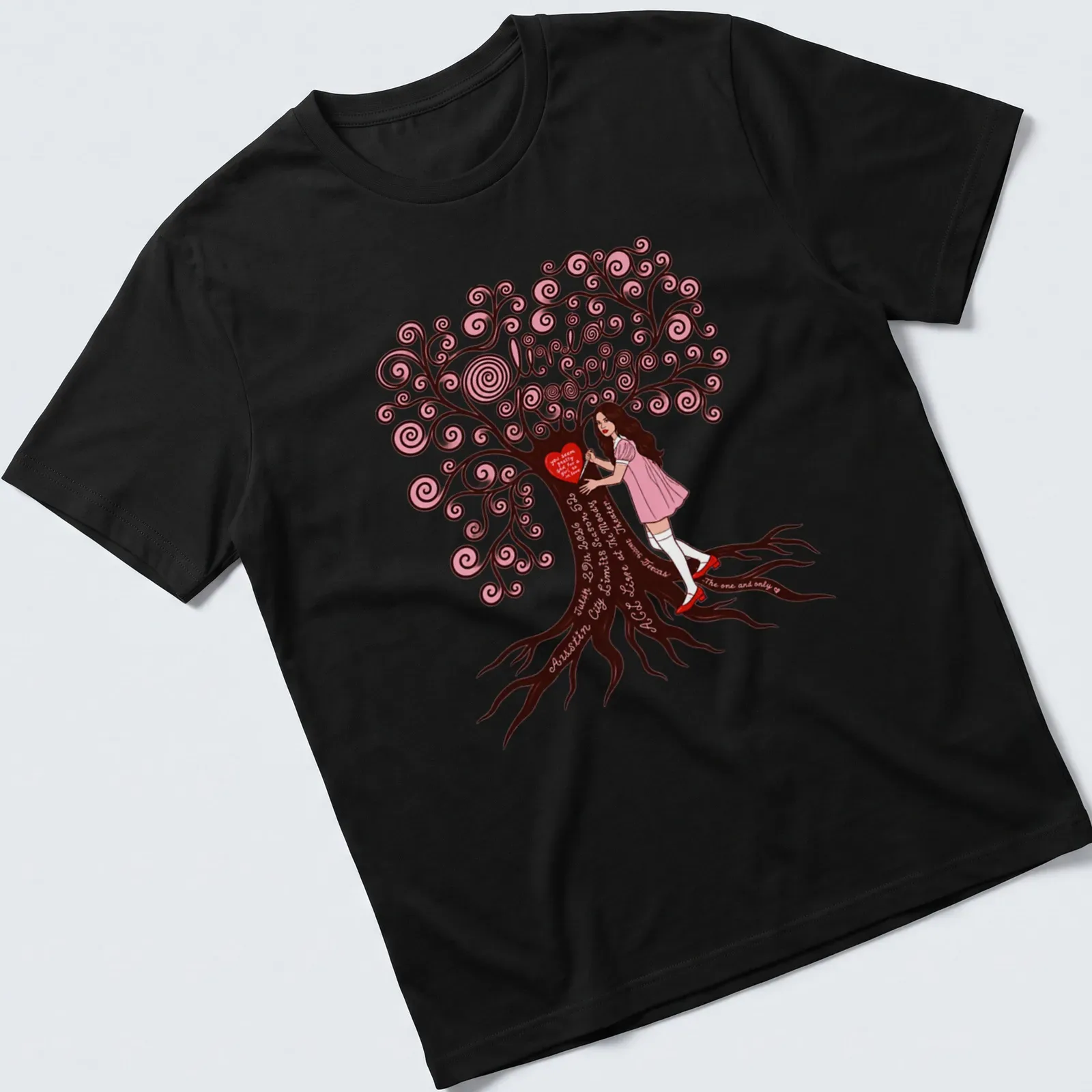 Whimsical illustration of a girl by a tree with a printed phrase about love. — printed on a unisex t-shirt