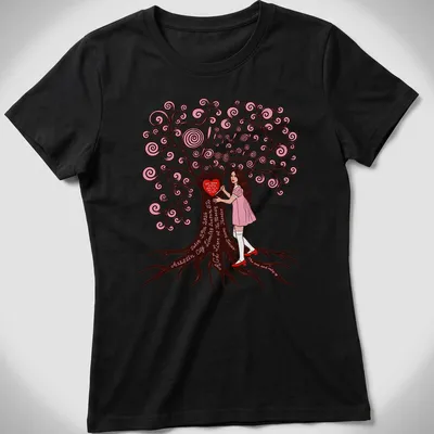 Whimsical illustration of a girl by a tree with a printed phrase about love. — printed on a women's shirt