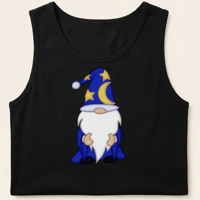Cartoon white-bearded wizard gnome in blue robe for Halloween — printed on a tank top