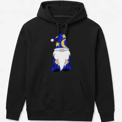 Cartoon white-bearded wizard gnome in blue robe for Halloween — printed on a unisex hoodie