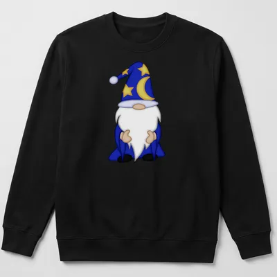 Cartoon white-bearded wizard gnome in blue robe for Halloween — printed on a unisex sweatshirt