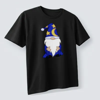 Cartoon white-bearded wizard gnome in blue robe for Halloween — printed on a unisex t-shirt (angled view)