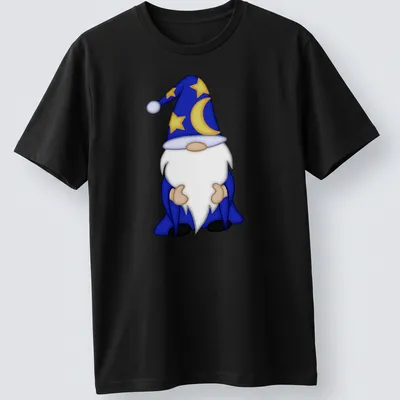 Cartoon white-bearded wizard gnome in blue robe for Halloween