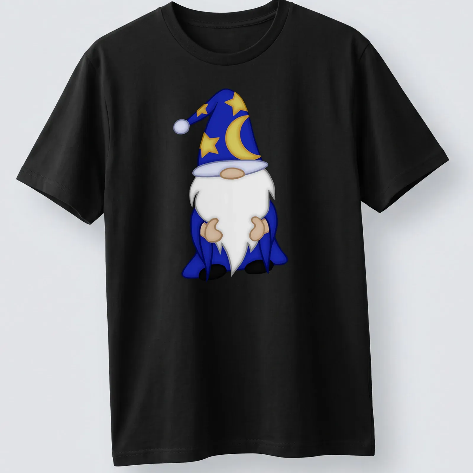Cartoon white-bearded wizard gnome in blue robe for Halloween — printed on a unisex t-shirt