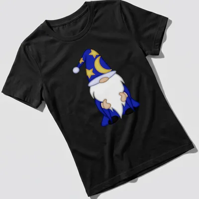 Cartoon white-bearded wizard gnome in blue robe for Halloween — printed on a women's shirt