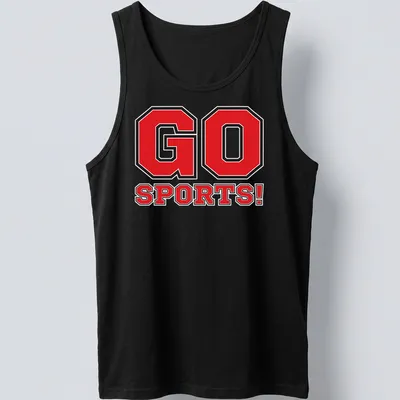 Bold typography shirt saying 'GO SPORTS!' in red, black, and white — printed on a tank top