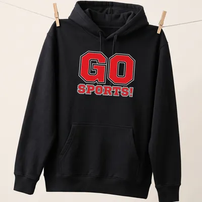 Bold typography shirt saying 'GO SPORTS!' in red, black, and white — printed on a unisex hoodie
