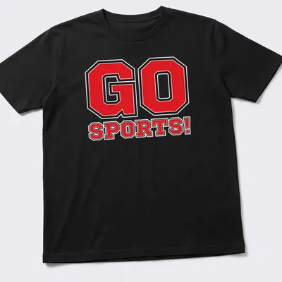 Bold typography shirt saying 'GO SPORTS!' in red, black, and white