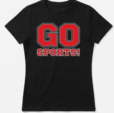 Bold typography shirt saying 'GO SPORTS!' in red, black, and white — printed on a women's shirt