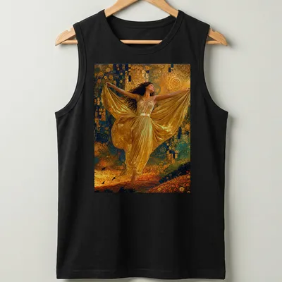 Art nouveau style T-shirt featuring a golden dancer with flowing lines in blue, green, and orange — printed on a tank top