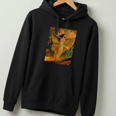 Art nouveau style T-shirt featuring a golden dancer with flowing lines in blue, green, and orange — printed on a unisex hoodie