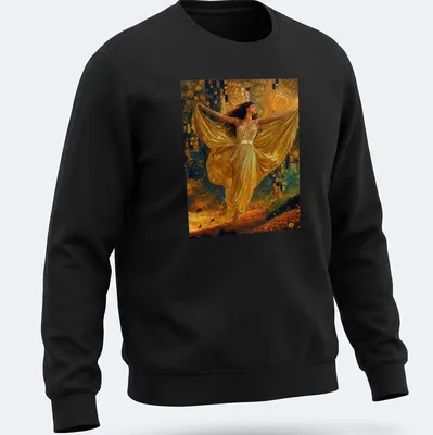 Art nouveau style T-shirt featuring a golden dancer with flowing lines in blue, green, and orange — printed on a unisex sweatshirt